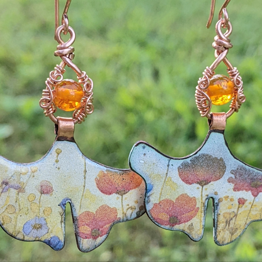 Artisan Copper Earrings-Baltic Amber Beads Enameled Floral Poppy Design - Picture 5 of 6